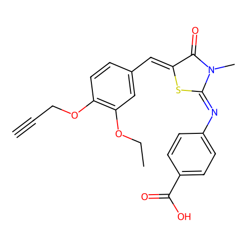 4-((E)-((Z)-5-(3-ethoxy-4-(prop-2-yn-1-yloxy)benzylidene)-3-methyl-4-oxothiazolidin-2-ylidene)amino)benzoic acid structure