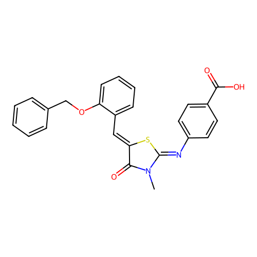 4-({(2E,5Z)-5-[2-(benzyloxy)benzylidene]-3-methyl-4-oxo-1,3-thiazolidin-2-ylidene}amino)benzoic acid structure