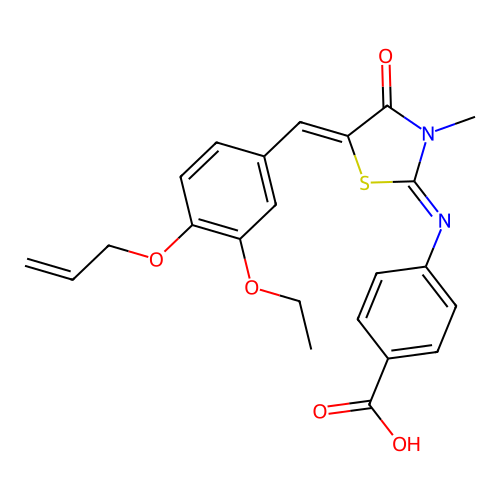 4-((E)-((Z)-5-(4-(allyloxy)-3-ethoxybenzylidene)-3-methyl-4-oxothiazolidin-2-ylidene)amino)benzoic acid structure