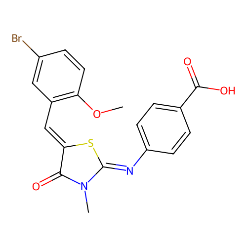 4-((E)-((Z)-5-(5-bromo-2-methoxybenzylidene)-3-methyl-4-oxothiazolidin-2-ylidene)amino)benzoic acid structure