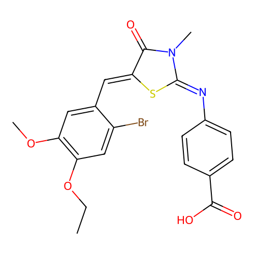 4-((E)-((Z)-5-(2-bromo-4-ethoxy-5-methoxybenzylidene)-3-methyl-4-oxothiazolidin-2-ylidene)amino)benzoic acid structure