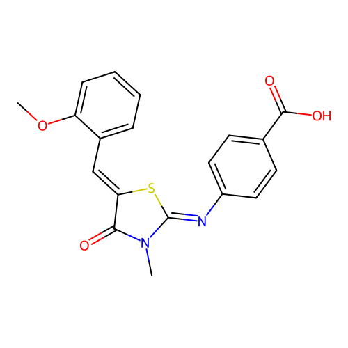 4-((E)-((Z)-5-(2-methoxybenzylidene)-3-methyl-4-oxothiazolidin-2-ylidene)amino)benzoic acid structure