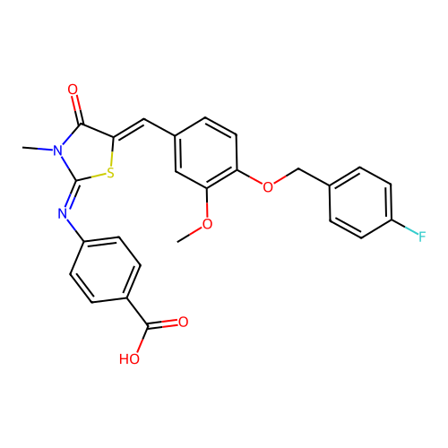 4-((E)-((Z)-5-(4-((4-fluorobenzyl)oxy)-3-methoxybenzylidene)-3-methyl-4-oxothiazolidin-2-ylidene)amino)benzoic acid structure