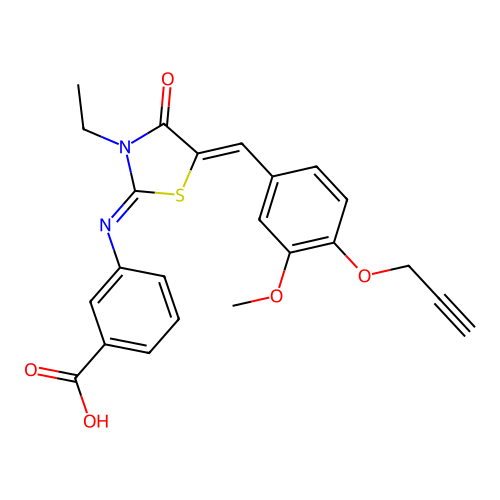 3-((E)-((Z)-3-ethyl-5-(3-methoxy-4-(prop-2-yn-1-yloxy)benzylidene)-4-oxothiazolidin-2-ylidene)amino)benzoic acid structure