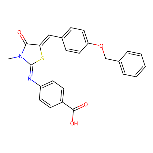 4-({(2E,5Z)-5-[4-(benzyloxy)benzylidene]-3-methyl-4-oxo-1,3-thiazolidin-2-ylidene}amino)benzoic acid structure