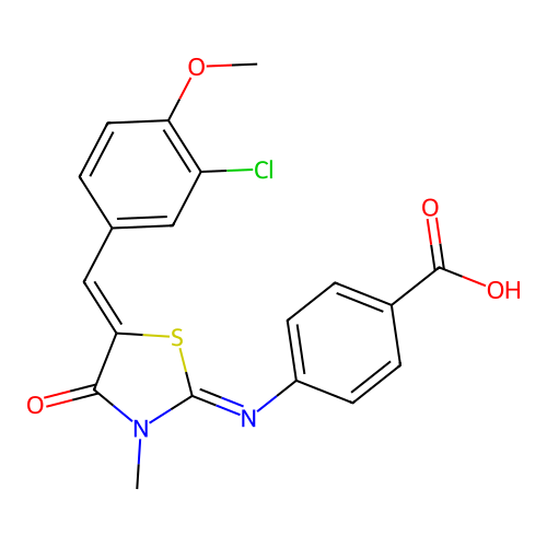 4-((E)-((Z)-5-(3-chloro-4-methoxybenzylidene)-3-methyl-4-oxothiazolidin-2-ylidene)amino)benzoic acid structure