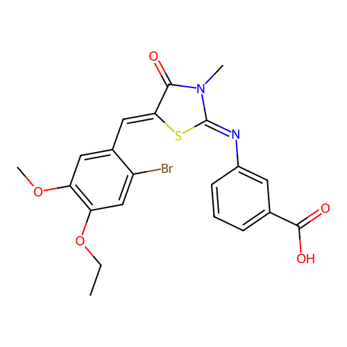 3-((E)-((Z)-5-(2-bromo-4-ethoxy-5-methoxybenzylidene)-3-methyl-4-oxothiazolidin-2-ylidene)amino)benzoic acid structure