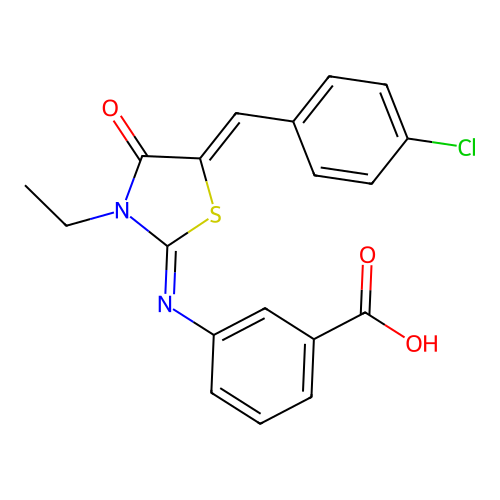 3-((E)-((Z)-5-(4-chlorobenzylidene)-3-ethyl-4-oxothiazolidin-2-ylidene)amino)benzoic acid structure
