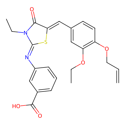 3-({(2E,5Z)-5-[3-ethoxy-4-(prop-2-en-1-yloxy)benzylidene]-3-ethyl-4-oxo-1,3-thiazolidin-2-ylidene}amino)benzoic acid structure