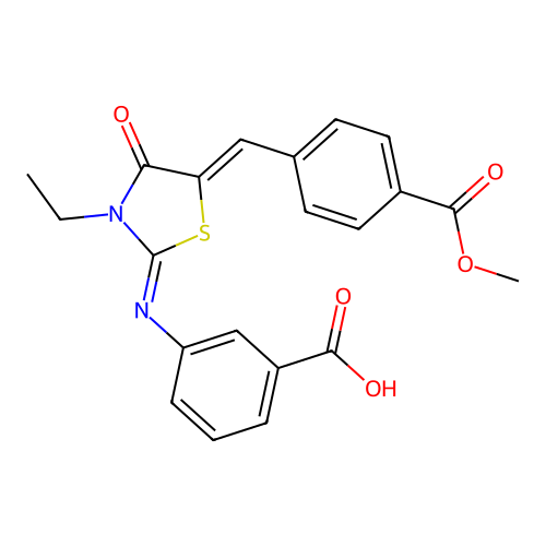 3-((E)-((Z)-3-ethyl-5-(4-(methoxycarbonyl)benzylidene)-4-oxothiazolidin-2-ylidene)amino)benzoic acid structure