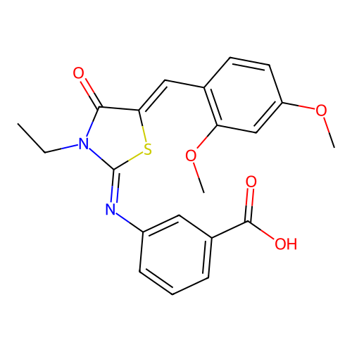 3-{[(2E,5Z)-5-(2,4-dimethoxybenzylidene)-3-ethyl-4-oxo-1,3-thiazolidin-2-ylidene]amino}benzoic acid structure
