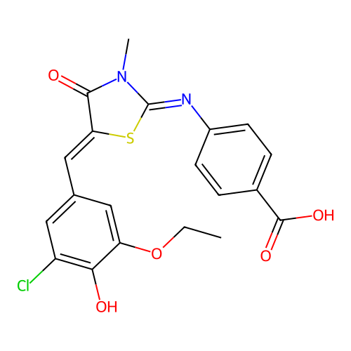 4-((E)-((Z)-5-(3-chloro-5-ethoxy-4-hydroxybenzylidene)-3-methyl-4-oxothiazolidin-2-ylidene)amino)benzoic acid structure