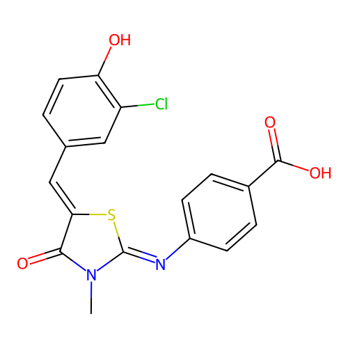 4-{[(2E,5Z)-5-(3-chloro-4-hydroxybenzylidene)-3-methyl-4-oxo-1,3-thiazolidin-2-ylidene]amino}benzoic acid structure