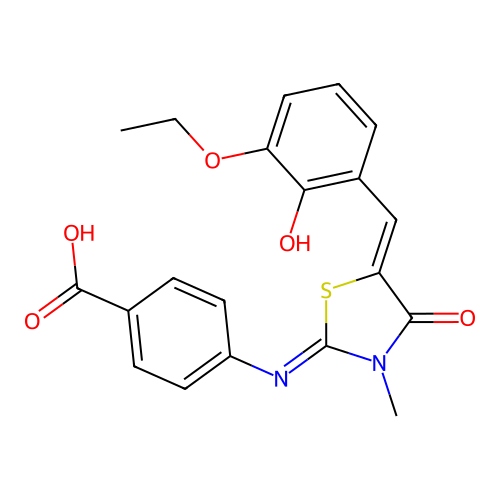 4-((E)-((Z)-5-(3-ethoxy-2-hydroxybenzylidene)-3-methyl-4-oxothiazolidin-2-ylidene)amino)benzoic acid structure