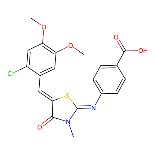 4-((E)-((Z)-5-(2-chloro-4,5-dimethoxybenzylidene)-3-methyl-4-oxothiazolidin-2-ylidene)amino)benzoic acid structure