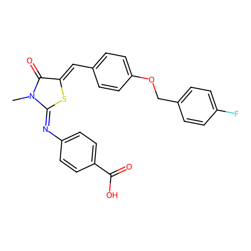 4-{[(2E,5Z)-5-{4-[(4-fluorobenzyl)oxy]benzylidene}-3-methyl-4-oxo-1,3-thiazolidin-2-ylidene]amino}benzoic acid structure