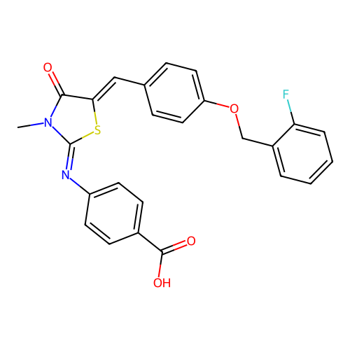 4-{[(2E,5Z)-5-{4-[(2-fluorobenzyl)oxy]benzylidene}-3-methyl-4-oxo-1,3-thiazolidin-2-ylidene]amino}benzoic acid structure