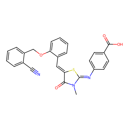 4-((E)-((Z)-5-(2-((2-cyanobenzyl)oxy)benzylidene)-3-methyl-4-oxothiazolidin-2-ylidene)amino)benzoic acid structure