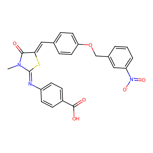 4-((E)-((Z)-3-methyl-5-(4-((3-nitrobenzyl)oxy)benzylidene)-4-oxothiazolidin-2-ylidene)amino)benzoic acid structure