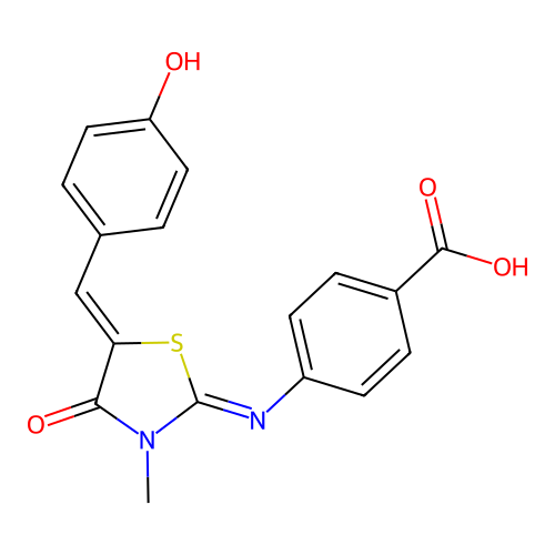 4-{[(2E,5Z)-5-(4-hydroxybenzylidene)-3-methyl-4-oxo-1,3-thiazolidin-2-ylidene]amino}benzoic acid structure