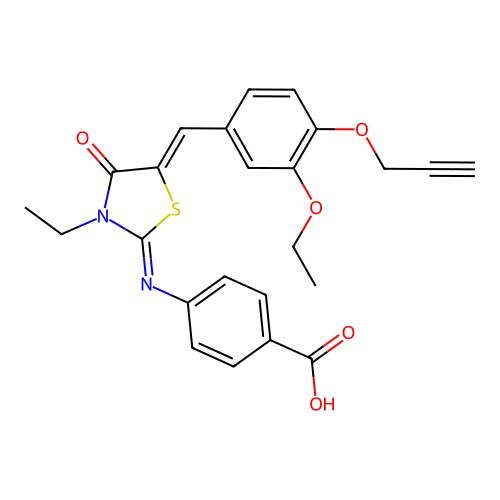4-((E)-((Z)-5-(3-ethoxy-4-(prop-2-yn-1-yloxy)benzylidene)-3-ethyl-4-oxothiazolidin-2-ylidene)amino)benzoic acid structure