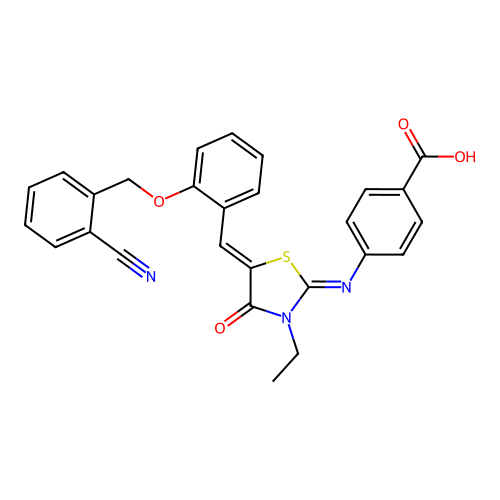 4-((E)-((Z)-5-(2-((2-cyanobenzyl)oxy)benzylidene)-3-ethyl-4-oxothiazolidin-2-ylidene)amino)benzoic acid structure