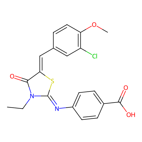 4-{[(2E,5Z)-5-(3-chloro-4-methoxybenzylidene)-3-ethyl-4-oxo-1,3-thiazolidin-2-ylidene]amino}benzoic acid structure