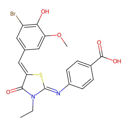 4-((E)-((Z)-5-(3-bromo-4-hydroxy-5-methoxybenzylidene)-3-ethyl-4-oxothiazolidin-2-ylidene)amino)benzoic acid structure