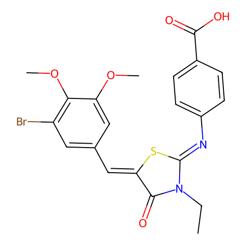 4-((E)-((Z)-5-(3-bromo-4,5-dimethoxybenzylidene)-3-ethyl-4-oxothiazolidin-2-ylidene)amino)benzoic acid structure