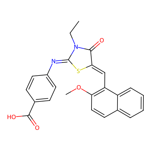 4-((E)-((Z)-3-ethyl-5-((2-methoxynaphthalen-1-yl)methylene)-4-oxothiazolidin-2-ylidene)amino)benzoic acid structure
