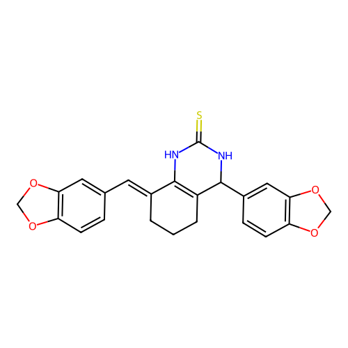 (8E)-4-(1,3-benzodioxol-5-yl)-8-(1,3-benzodioxol-5-ylmethylidene)-1,3,4,5,6,7-hexahydroquinazoline-2-thione structure