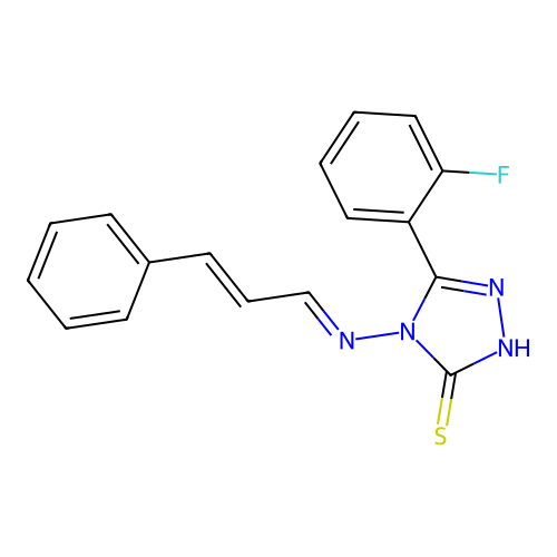 4-((1E,3E)-4-phenyl-1-azabuta-1,3-dienyl)-5-(2-fluorophenyl)-1,2,4-triazole-3- thiol structure