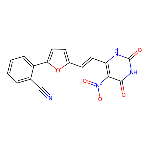 2-{5-[(E)-2-(2,6-dihydroxy-5-nitropyrimidin-4-yl)ethenyl]furan-2-yl}benzonitrile structure