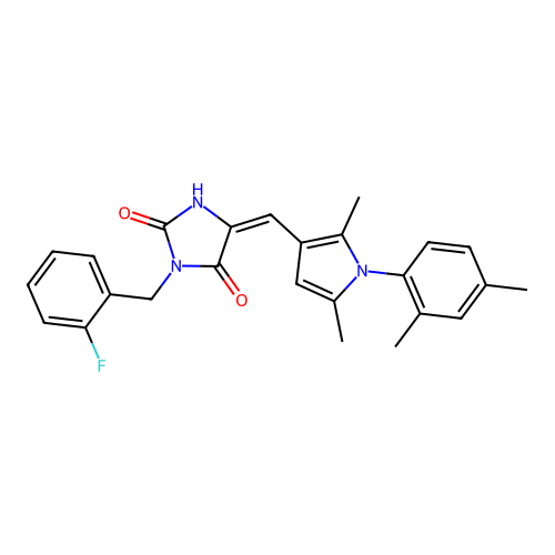 (5E)-5-{[1-(2,4-dimethylphenyl)-2,5-dimethyl-1H-pyrrol-3-yl]methylidene}-3-(2-fluorobenzyl)imidazolidine-2,4-dione structure