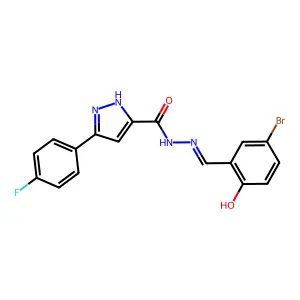 N-[(5-bromo-2-hydroxyphenyl)methylideneamino]-3-(4-fluorophenyl)-1H-pyrazole-5-carboxamide structure