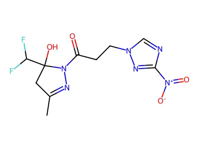 1-[5-(difluoromethyl)-5-hydroxy-3-methyl-4H-pyrazol-1-yl]-3-(3-nitro-1,2,4-triazol-1-yl)propan-1-one structure