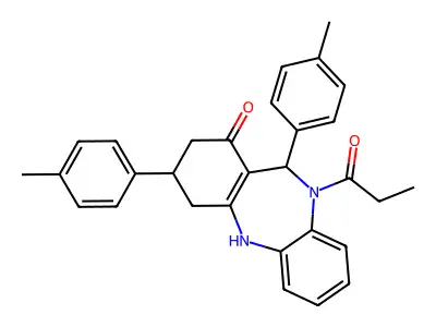 5-propanoyl-6,9-bis(p-tolyl)-8,9,10,11-tetrahydro-6H-benzo[b][1,4]benzodiazepin-7-one structure