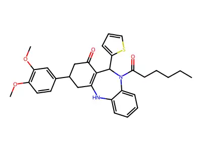 1-[3-(3,4-dimethoxyphenyl)-1-hydroxy-11-(thiophen-2-yl)-2,3,4,11-tetrahydro-10H-dibenzo[b,e][1,4]diazepin-10-yl]hexan-1-one structure