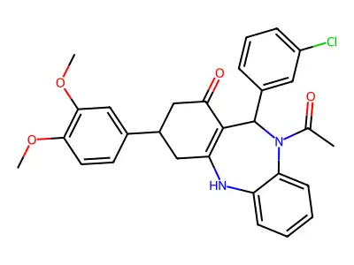 5-acetyl-6-(3-chlorophenyl)-9-(3,4-dimethoxyphenyl)-8,9,10,11-tetrahydro-6H-benzo[b][1,4]benzodiazepin-7-one structure