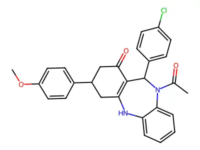 5-acetyl-6-(4-chlorophenyl)-9-(4-methoxyphenyl)-8,9,10,11-tetrahydro-6H-benzo[b][1,4]benzodiazepin-7-one structure