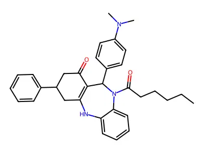 1-{11-[4-(dimethylamino)phenyl]-1-hydroxy-3-phenyl-2,3,4,11-tetrahydro-10H-dibenzo[b,e][1,4]diazepin-10-yl}hexan-1-one structure