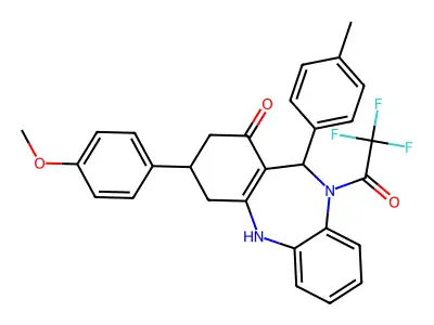 9-(4-methoxyphenyl)-6-(p-tolyl)-5-(2,2,2-trifluoroacetyl)-8,9,10,11-tetrahydro-6H-benzo[b][1,4]benzodiazepin-7-one structure