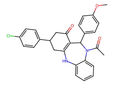 1-[3-(4-chlorophenyl)-1-hydroxy-11-(4-methoxyphenyl)-2,3,4,11-tetrahydro-10H-dibenzo[b,e][1,4]diazepin-10-yl]ethanone structure