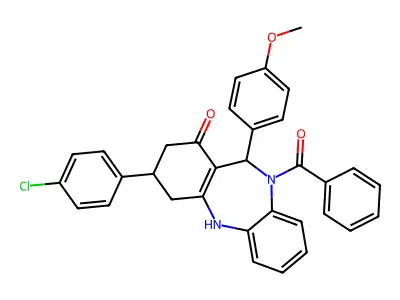 3-(4-chlorophenyl)-11-(4-methoxyphenyl)-10-(phenylcarbonyl)-2,3,4-trihydro-5H, 11H-benzo[b]benzo[2,1-f]1,4-diazepin-1-one structure