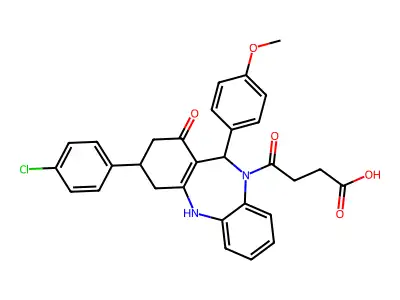 4-[3-(4-chlorophenyl)-1-hydroxy-11-(4-methoxyphenyl)-2,3,4,11-tetrahydro-10H-dibenzo[b,e][1,4]diazepin-10-yl]-4-oxobutanoic acid structure