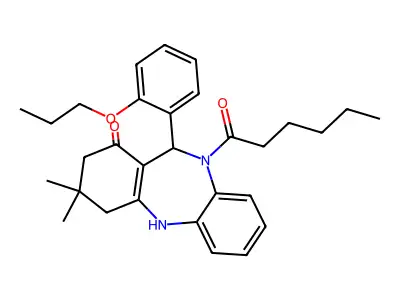 5-hexanoyl-9,9-dimethyl-6-(2-propoxyphenyl)-6,8,10,11-tetrahydrobenzo[b][1,4]benzodiazepin-7-one structure