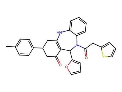 1-[11-(furan-2-yl)-1-hydroxy-3-(4-methylphenyl)-2,3,4,11-tetrahydro-10H-dibenzo[b,e][1,4]diazepin-10-yl]-2-(thiophen-2-yl)ethanone structure