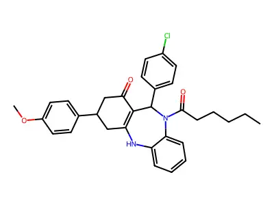 6-(4-chlorophenyl)-5-hexanoyl-9-(4-methoxyphenyl)-8,9,10,11-tetrahydro-6H-benzo[b][1,4]benzodiazepin-7-one structure
