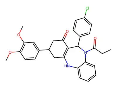 6-(4-chlorophenyl)-9-(3,4-dimethoxyphenyl)-5-propanoyl-8,9,10,11-tetrahydro-6H-benzo[b][1,4]benzodiazepin-7-one structure