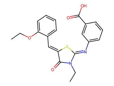 3-((E)-((Z)-5-(2-ethoxybenzylidene)-3-ethyl-4-oxothiazolidin-2-ylidene)amino)benzoic acid structure